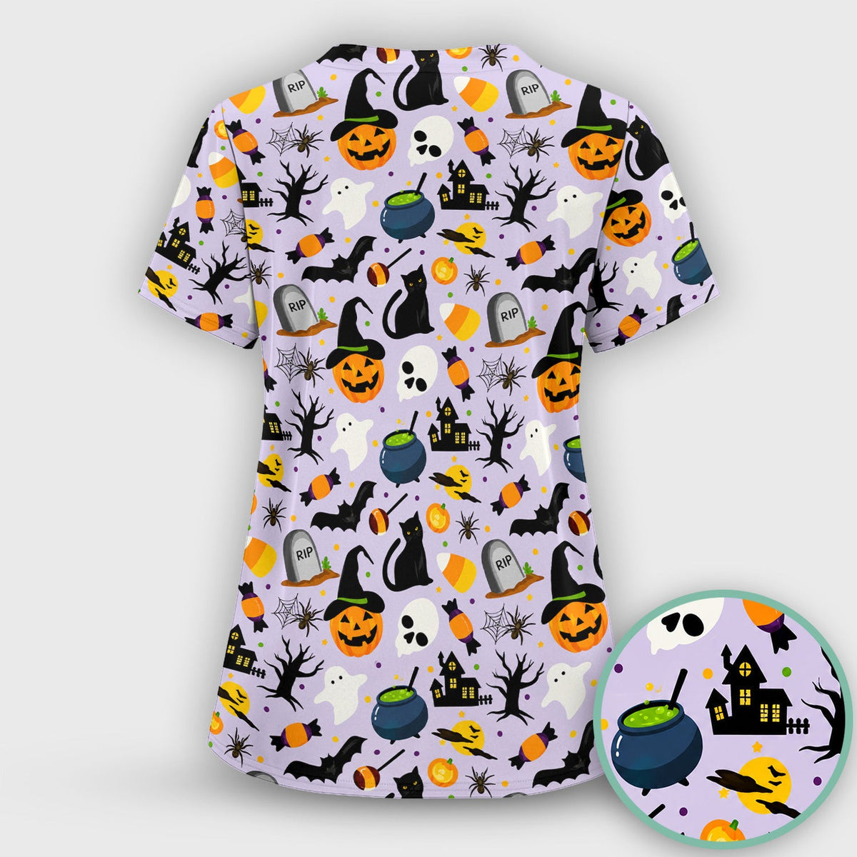 Ghost Pumpkin Witch Pattern Scrub Top, Comfortable Scrubs for Nurses