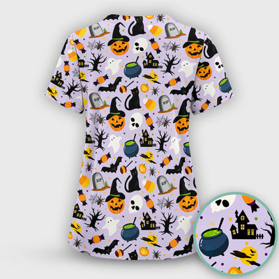 Ghost Pumpkin Witch Pattern Scrub Top, Comfortable Scrubs for Nurses