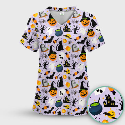 Ghost Pumpkin Witch Pattern Scrub Top, Comfortable Scrubs for Nurses