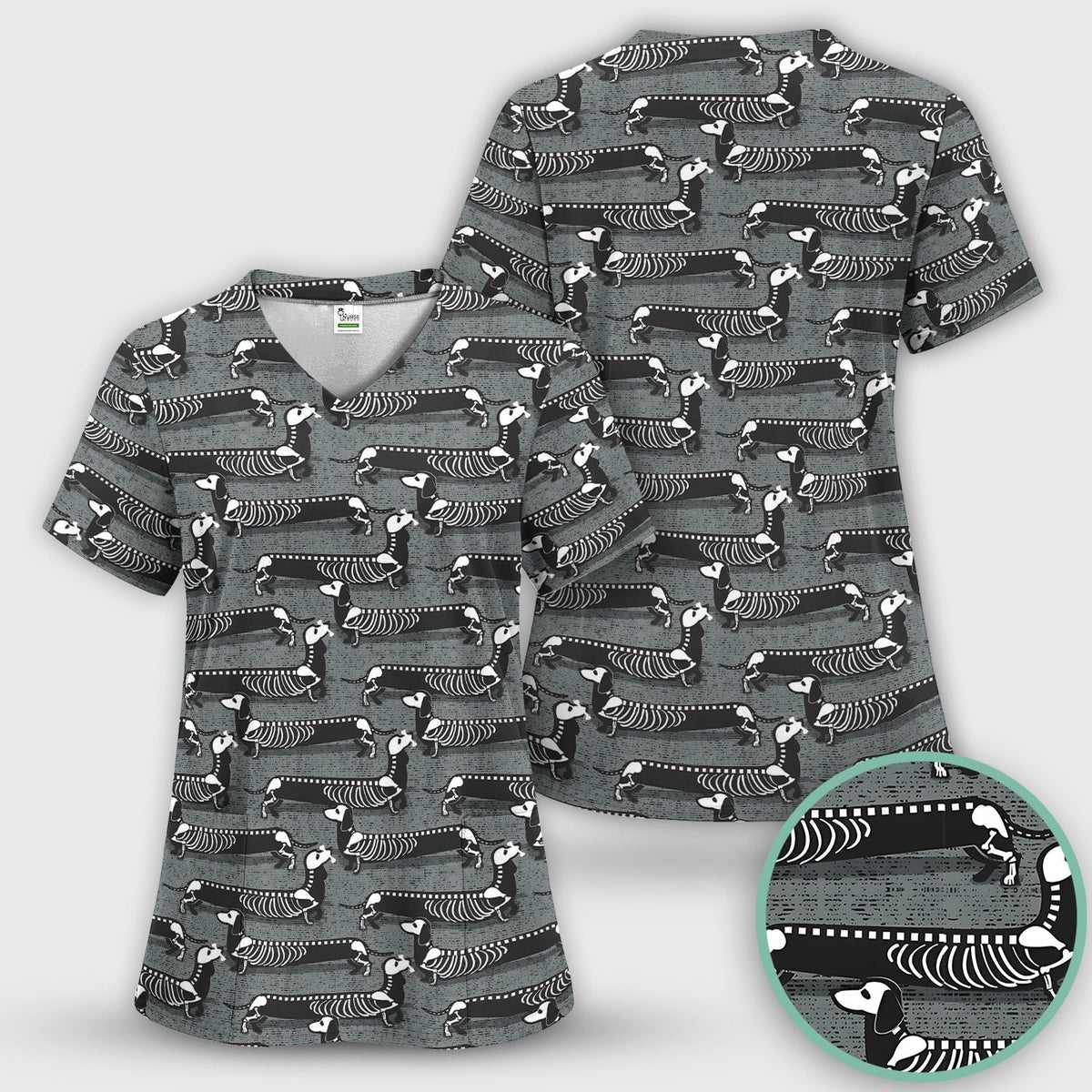 X-Ray Dachshund Skeleton Scrub Top, Comfortable Scrubs for Nurses