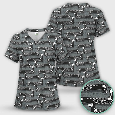 X-Ray Dachshund Skeleton Scrub Top, Comfortable Scrubs for Nurses