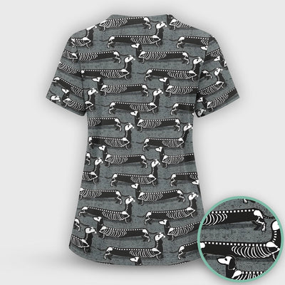 X-Ray Dachshund Skeleton Scrub Top, Comfortable Scrubs for Nurses