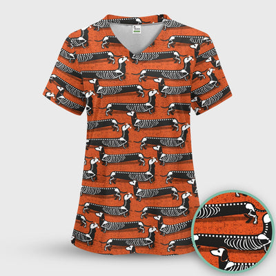 X-Ray Dachshund Skeleton Scrub Top, Comfortable Scrubs for Nurses
