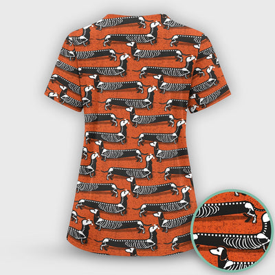 X-Ray Dachshund Skeleton Scrub Top, Comfortable Scrubs for Nurses