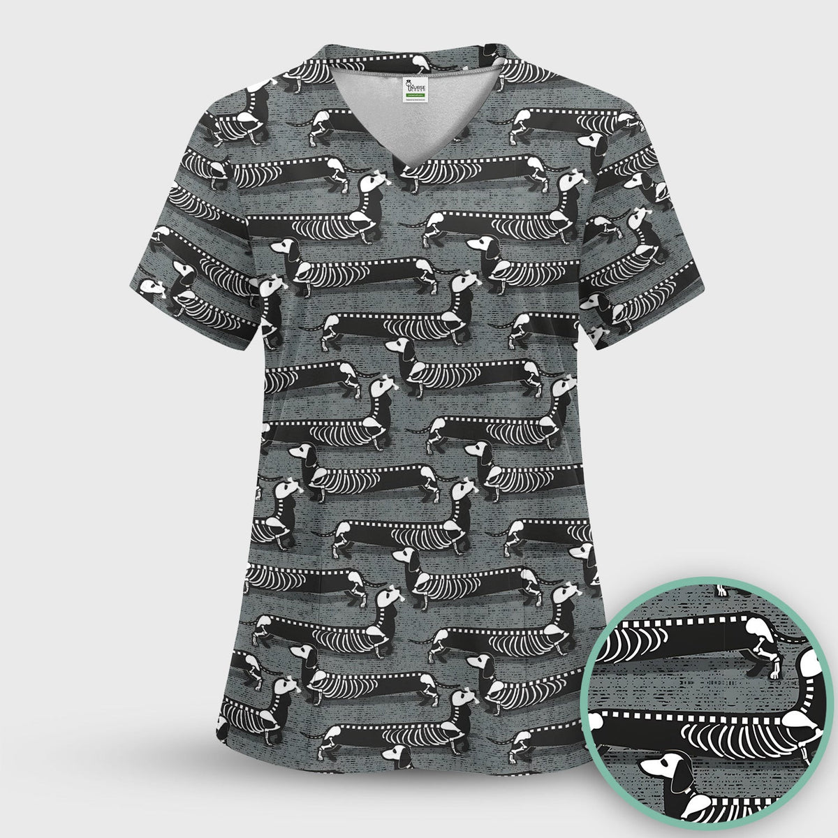 X-Ray Dachshund Skeleton Scrub Top, Comfortable Scrubs for Nurses