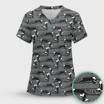 X-Ray Dachshund Skeleton Scrub Top, Comfortable Scrubs for Nurses