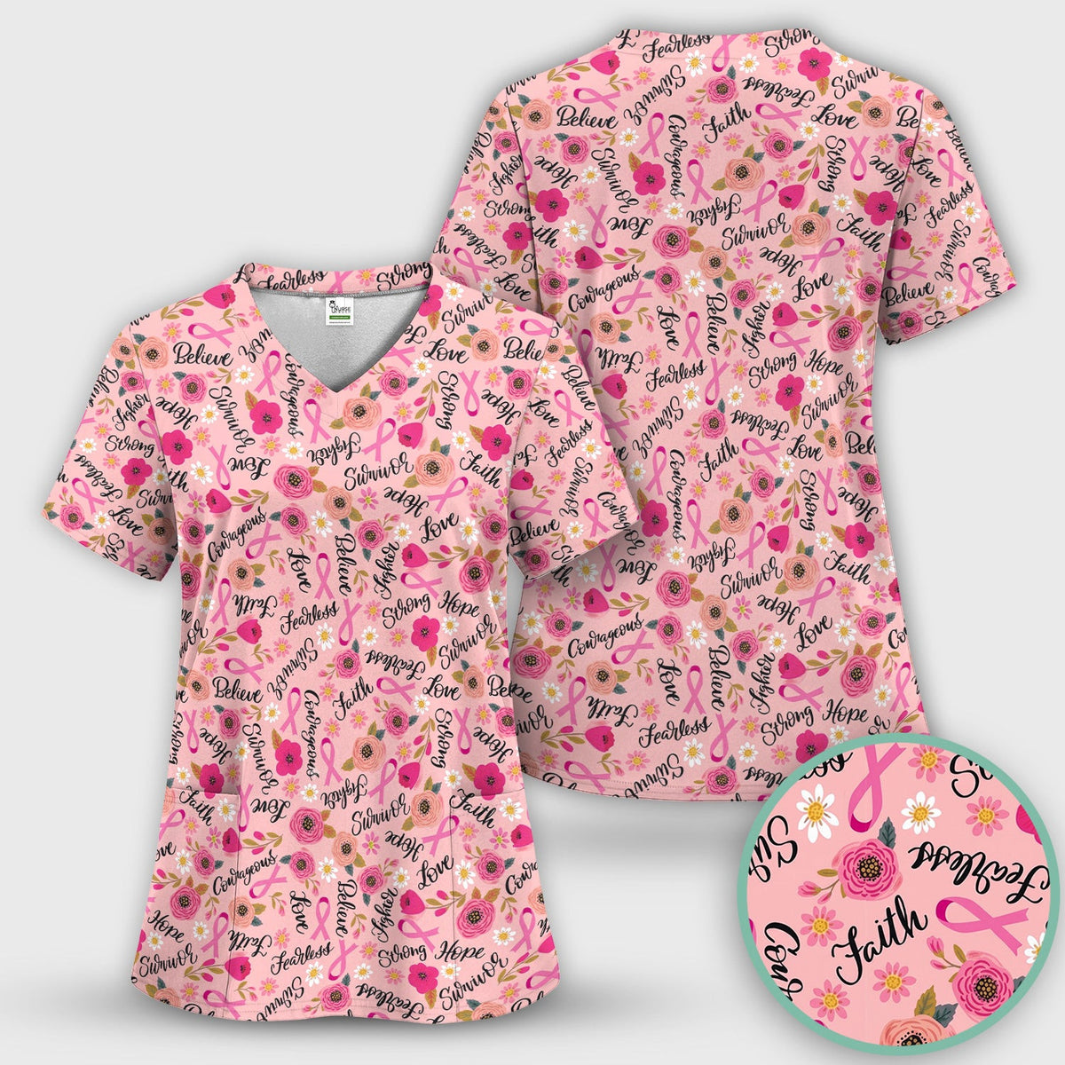 Breast Cancer Awareness Oncology with Pink Ribbon Floral Pattern Scrub Top, Comfortable Scrubs for Nurses