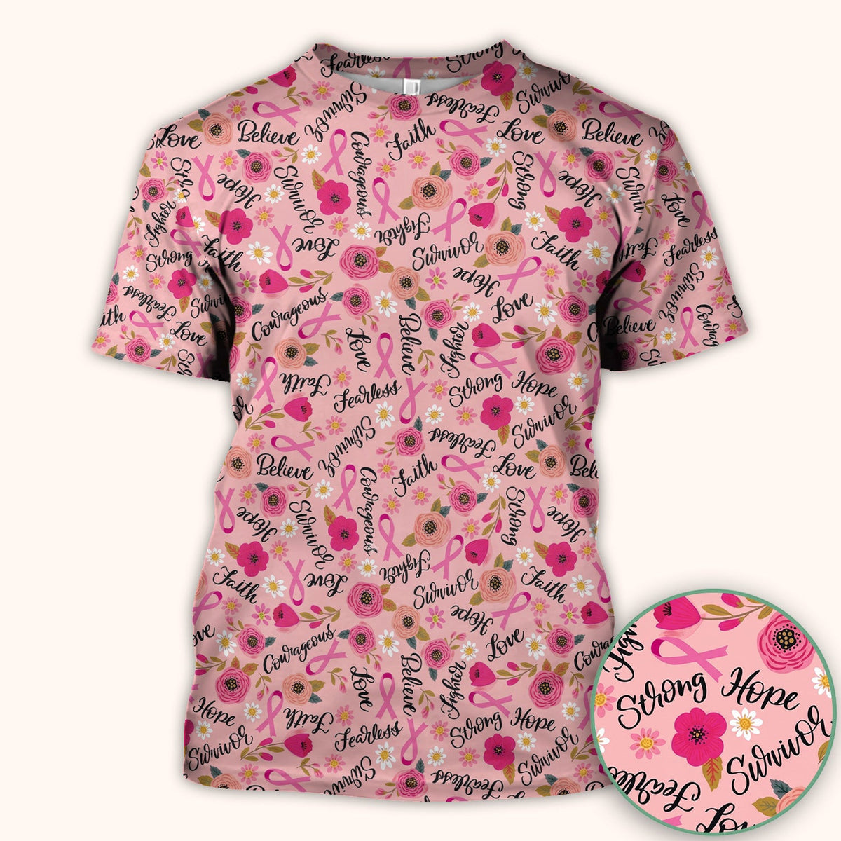 Breast Cancer Awareness Oncology with Pink Ribbon Floral Pattern Scrub Top, Comfortable Scrubs for Nurses