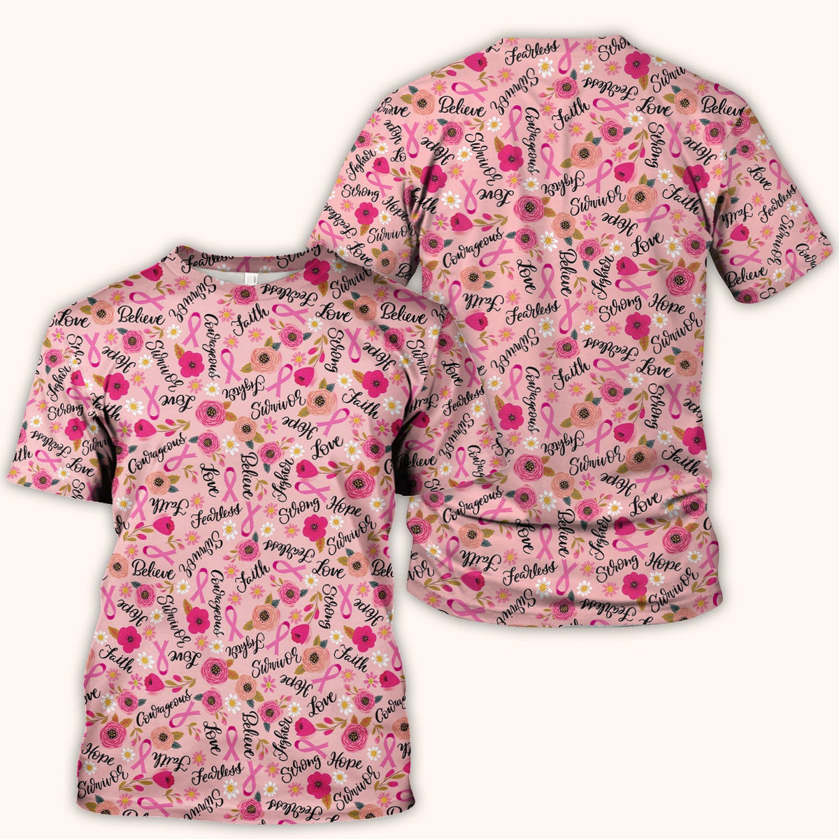 Breast Cancer Awareness Oncology with Pink Ribbon Floral Pattern Scrub Top, Comfortable Scrubs for Nurses