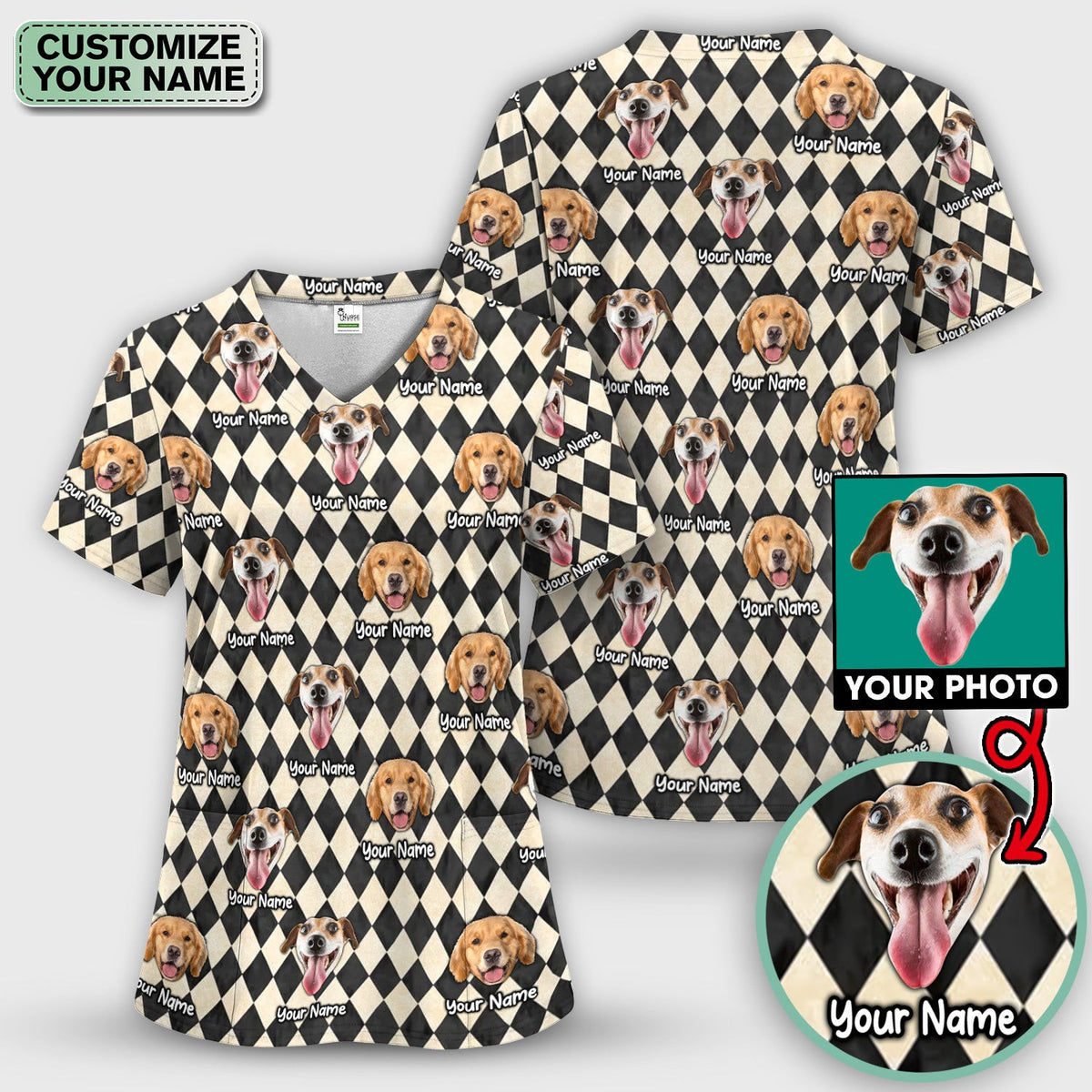 Personalized Pet Portrait Argyle Scrub Top, Comfortable Scrubs for Nurses