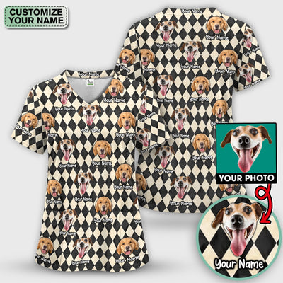 Personalized Pet Portrait Argyle Scrub Top, Comfortable Scrubs for Nurses