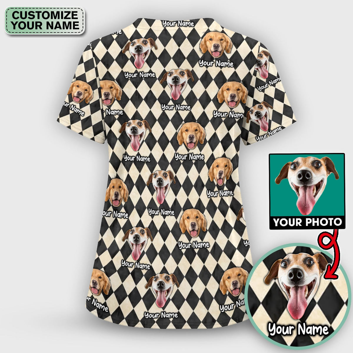 Personalized Pet Portrait Argyle Scrub Top, Comfortable Scrubs for Nurses