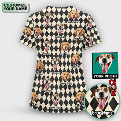 Personalized Pet Portrait Argyle Scrub Top, Comfortable Scrubs for Nurses