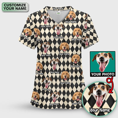 Personalized Pet Portrait Argyle Scrub Top, Comfortable Scrubs for Nurses