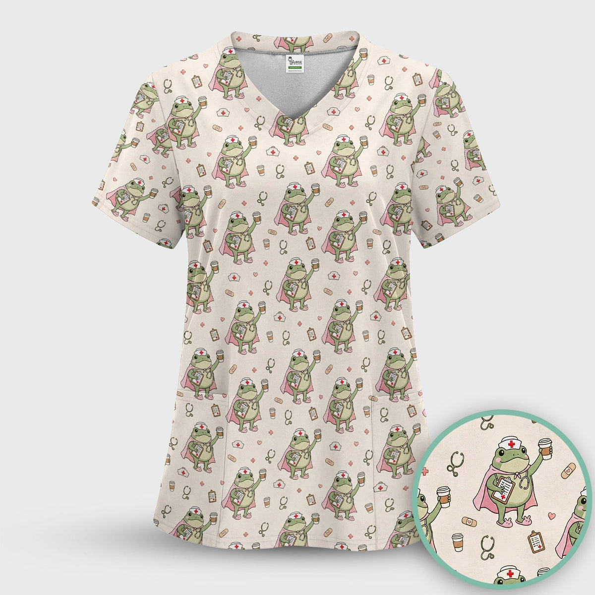 Cute Super Nurse Frog Pattern Scrub Top, Comfortable Scrubs for Nurses