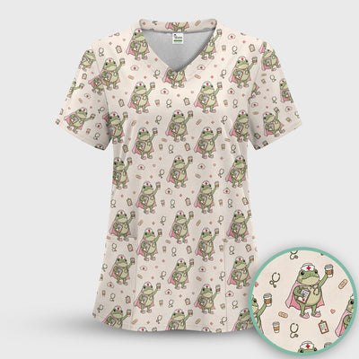 Cute Super Nurse Frog Pattern Scrub Top, Comfortable Scrubs for Nurses