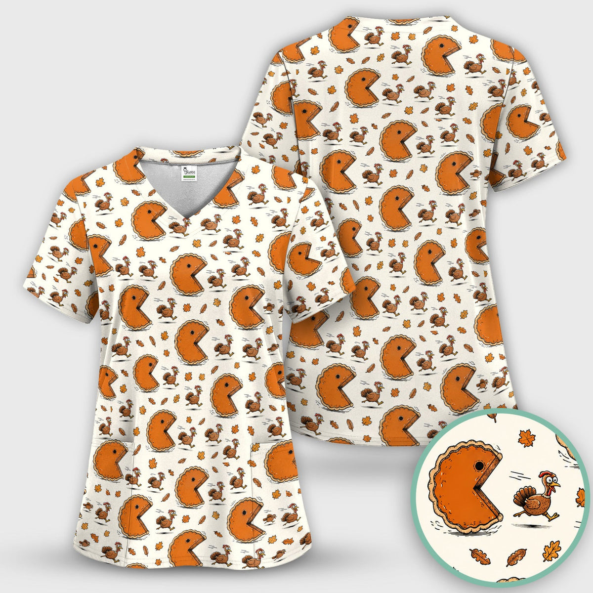 Thanksgiving Pie Chasing Turkey Scrub Top, Comfortable Scrubs for Nurses