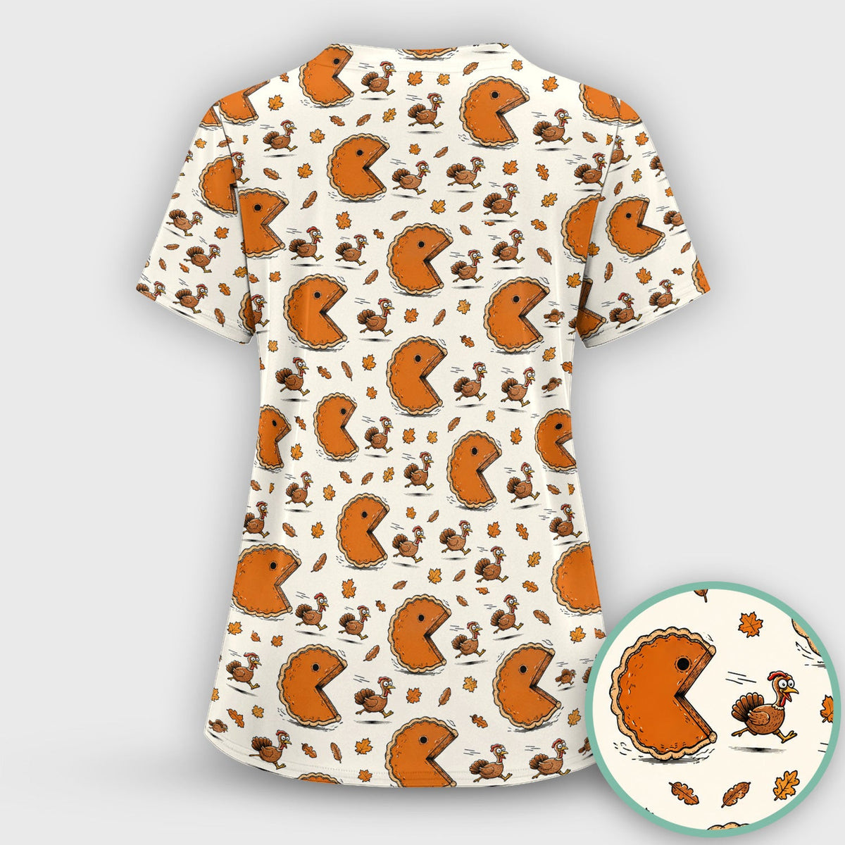 Thanksgiving Pie Chasing Turkey Scrub Top, Comfortable Scrubs for Nurses