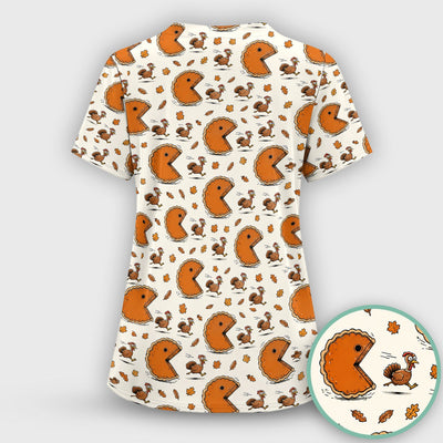 Thanksgiving Pie Chasing Turkey Scrub Top, Comfortable Scrubs for Nurses