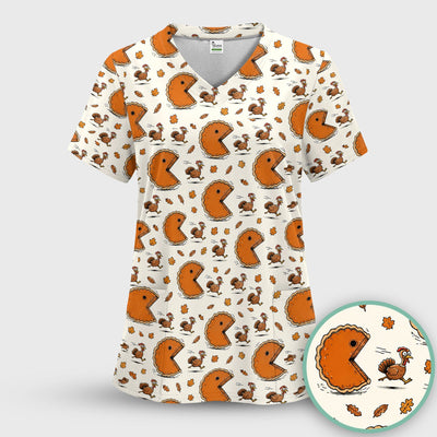 Thanksgiving Pie Chasing Turkey Scrub Top, Comfortable Scrubs for Nurses