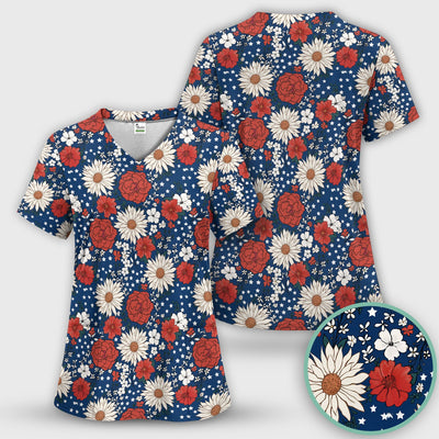 Red White Blue Floral Pattern Scrub Top, Comfortable Scrubs for Nurses