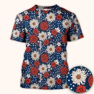 Red White Blue Floral Pattern Scrub Top, Comfortable Scrubs for Nurses