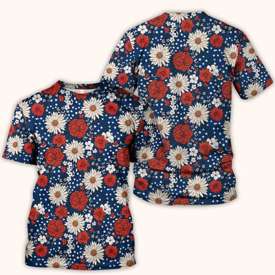 Red White Blue Floral Pattern Scrub Top, Comfortable Scrubs for Nurses