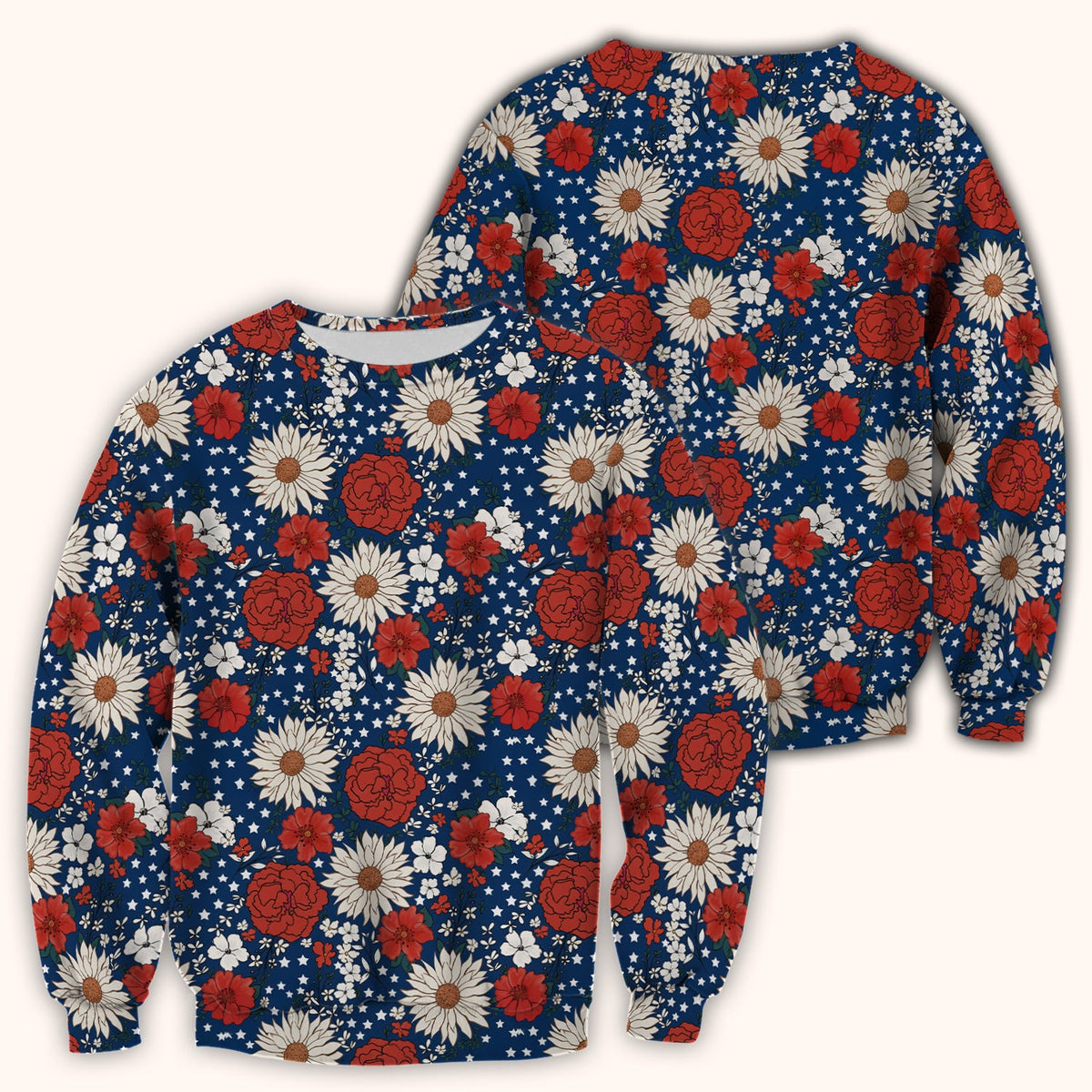 Red White Blue Floral Pattern Scrub Top, Comfortable Scrubs for Nurses