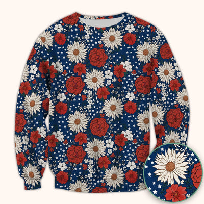 Red White Blue Floral Pattern Scrub Top, Comfortable Scrubs for Nurses