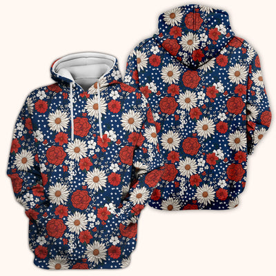 Red White Blue Floral Pattern Scrub Top, Comfortable Scrubs for Nurses