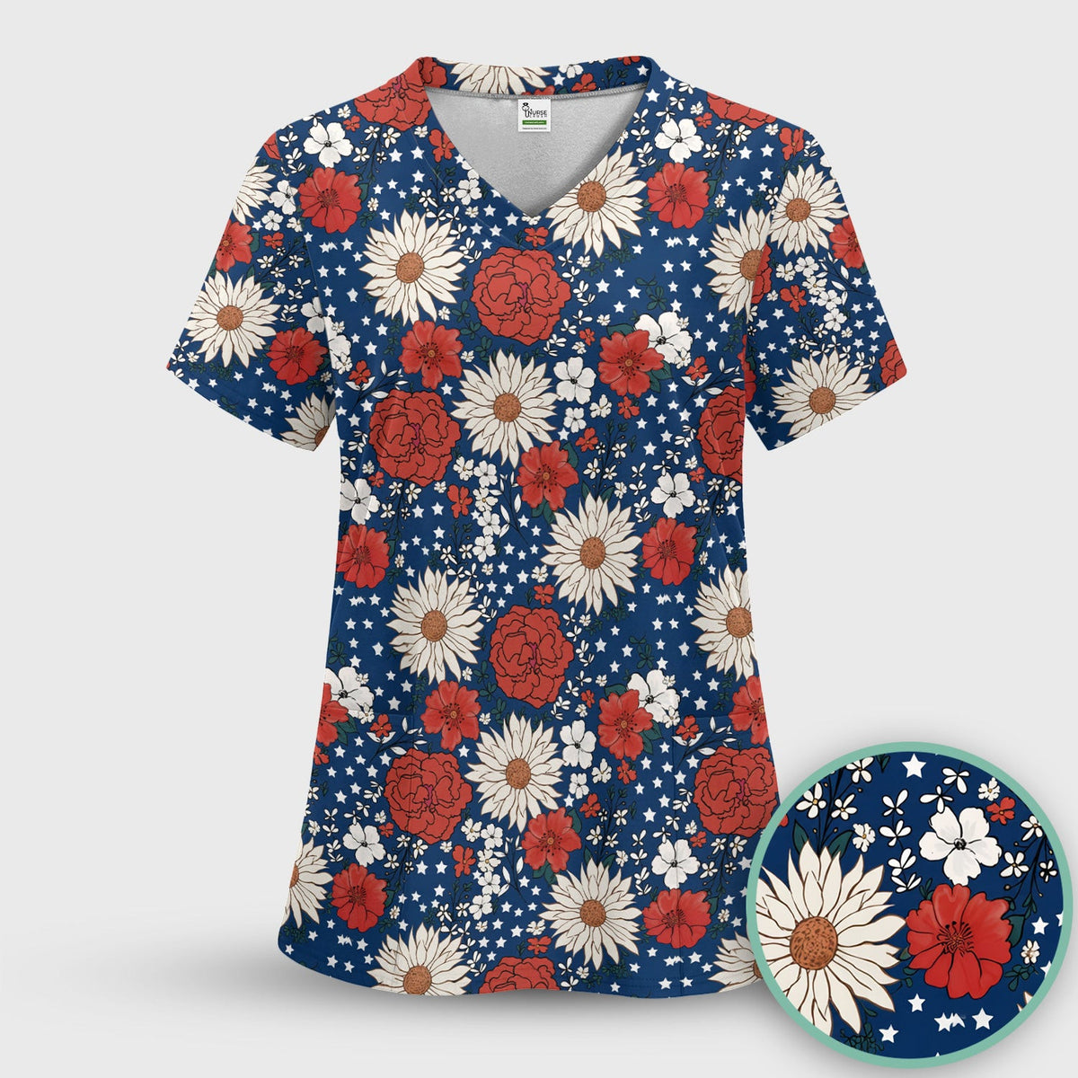Red White Blue Floral Pattern Scrub Top, Comfortable Scrubs for Nurses