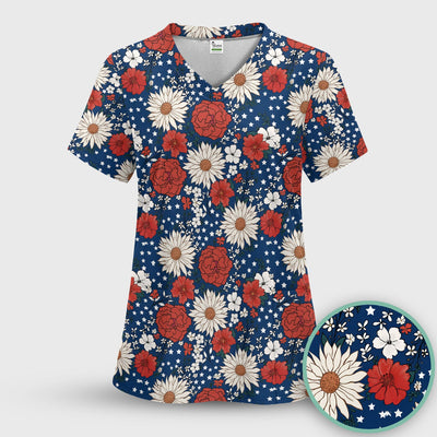 Red White Blue Floral Pattern Scrub Top, Comfortable Scrubs for Nurses