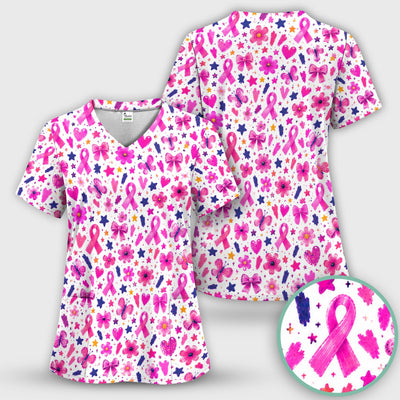 Pink Ribbon Floral Breast Cancer Pattern Scrub Top, Comfortable Scrubs for Nurses