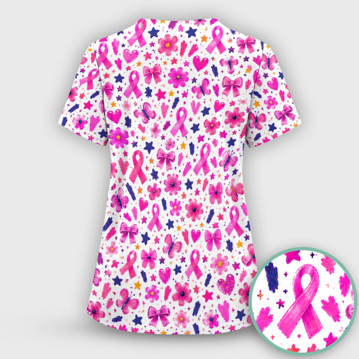 Pink Ribbon Floral Breast Cancer Pattern Scrub Top, Comfortable Scrubs for Nurses