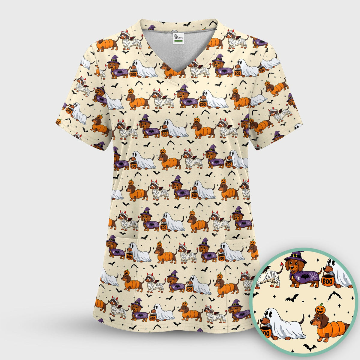 Halloween Dachshund for Veterinary Staff Scrub Top, Comfortable Scrubs for Nurses