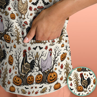 Halloween Skeleton Chickens Pattern Scrub Top, Comfortable Scrubs for Nurses