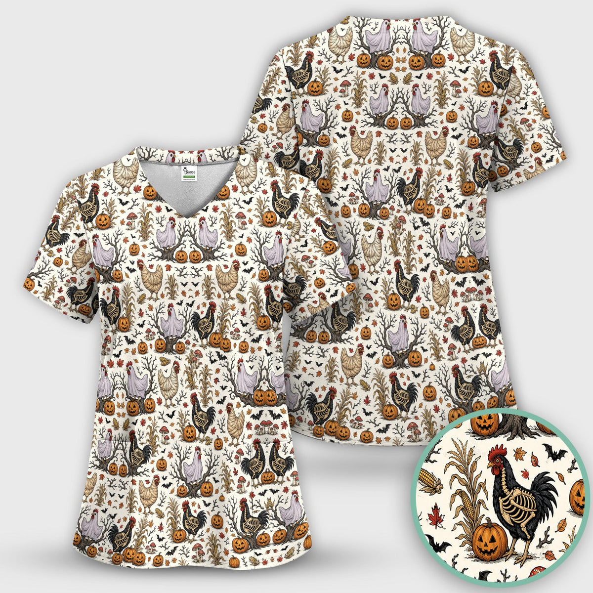Halloween Skeleton Chickens Pattern Scrub Top, Comfortable Scrubs for Nurses