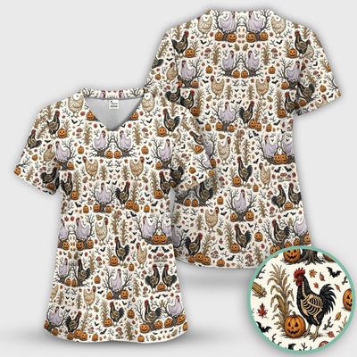 Halloween Skeleton Chickens Pattern Scrub Top, Comfortable Scrubs for Nurses