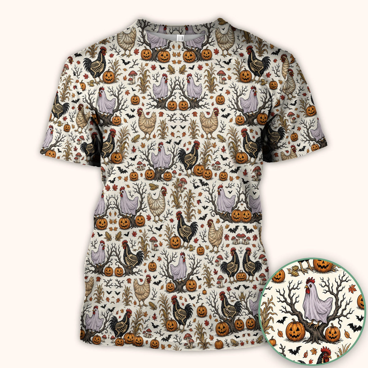 Halloween Skeleton Chickens Pattern Scrub Top, Comfortable Scrubs for Nurses