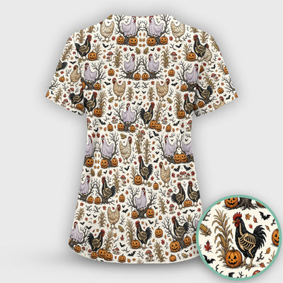 Halloween Skeleton Chickens Pattern Scrub Top, Comfortable Scrubs for Nurses