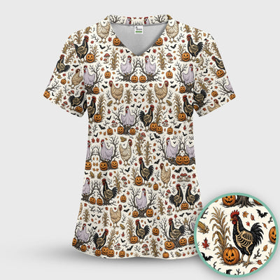 Halloween Skeleton Chickens Pattern Scrub Top, Comfortable Scrubs for Nurses