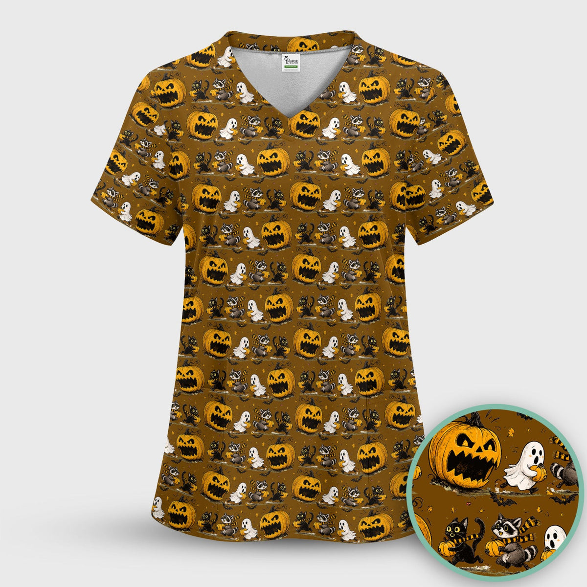 Spooky Halloween Woodland Critters Pattern Scrub Top, Comfortable Scrubs for Nurses