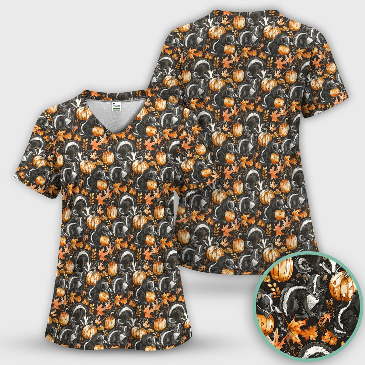 Skunk Pumpkin with Autumn Leaves Pattern Scrub Top, Comfortable Scrubs for Nurses