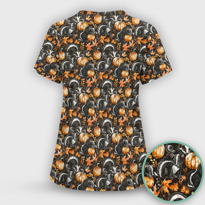 Skunk Pumpkin with Autumn Leaves Pattern Scrub Top, Comfortable Scrubs for Nurses