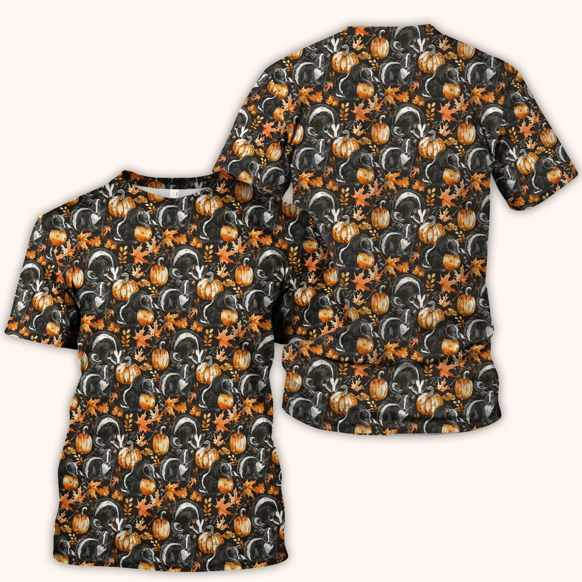 Skunk Pumpkin with Autumn Leaves Pattern Scrub Top, Comfortable Scrubs for Nurses