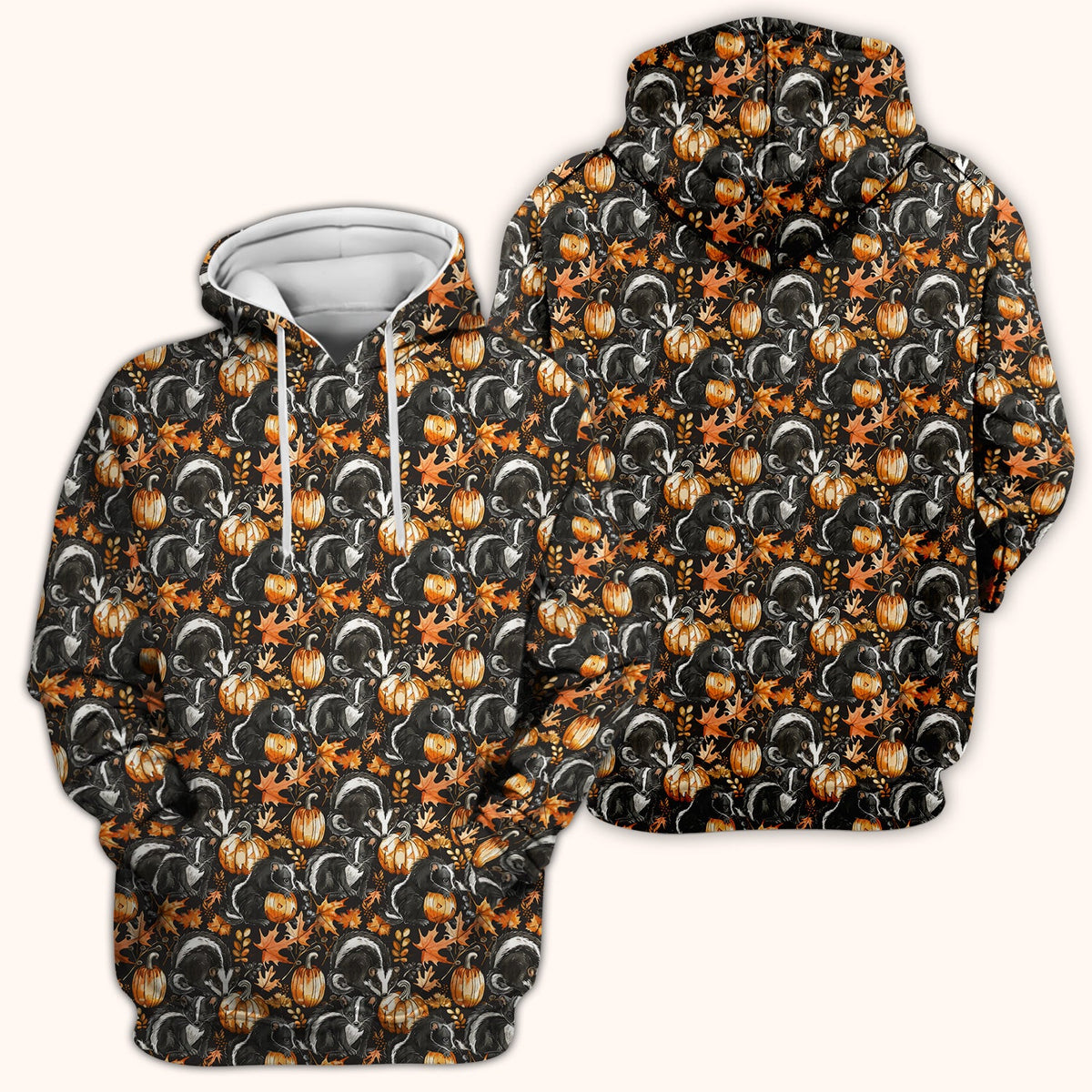 Skunk Pumpkin with Autumn Leaves Pattern Scrub Top, Comfortable Scrubs for Nurses