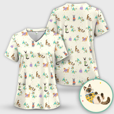 Cute Watercolor Cat Pattern Scrub Top, Comfortable Scrubs for Nurses
