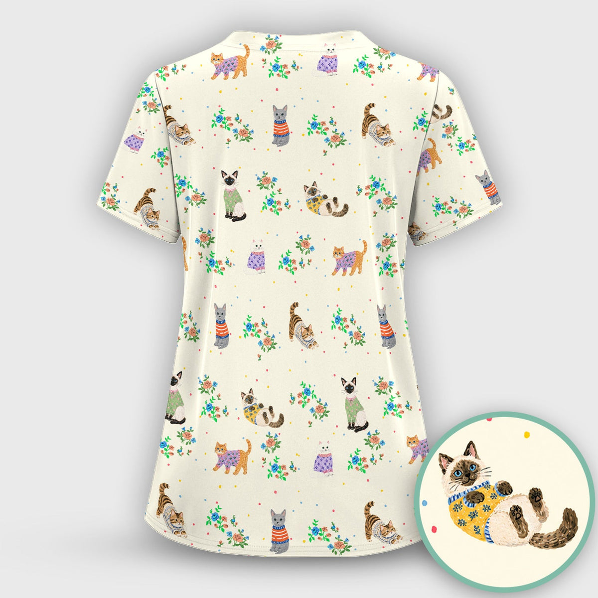 Cute Watercolor Cat Pattern Scrub Top, Comfortable Scrubs for Nurses