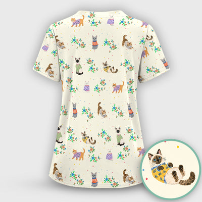 Cute Watercolor Cat Pattern Scrub Top, Comfortable Scrubs for Nurses