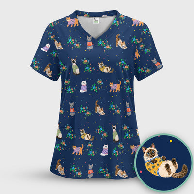 Cute Watercolor Cat Pattern Scrub Top, Comfortable Scrubs for Nurses